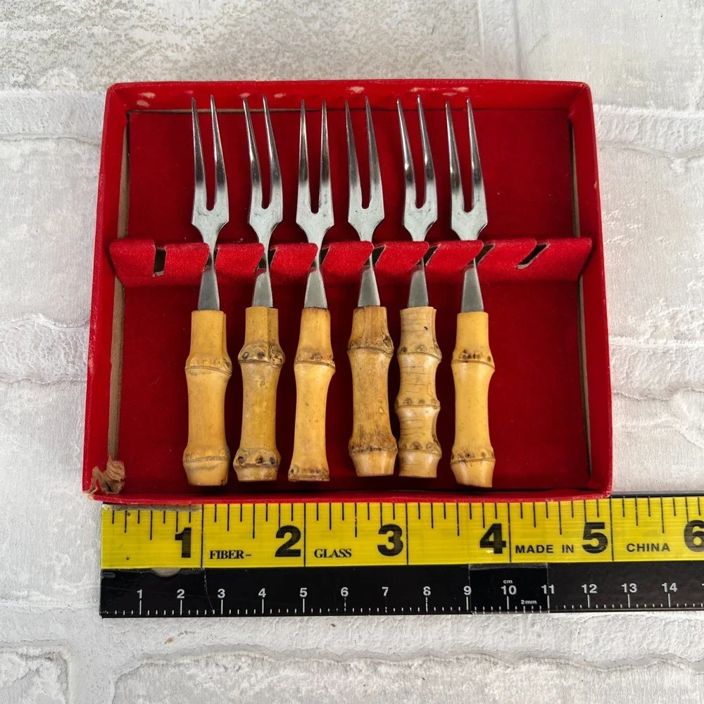 Viking Bamboo Little Forks 6 Cocktail Hand Made Set Original Box Japan Vintage